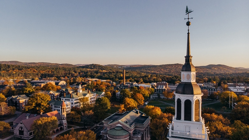 Aerial campus view looking north over Dartmouth Hall